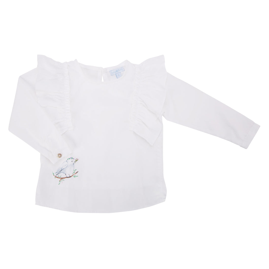 Blusa Blanca con Vuelos y Pajarito bordado a mano