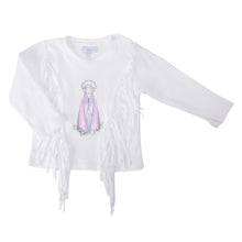 Cargar imagen en el visor de la galería, Polera Niña Blanca con flecos y Virgen bordada a mano