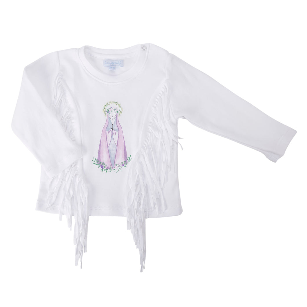 Polera Niña Blanca con flecos y Virgen bordada a mano