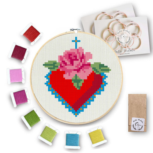 Mini Kit Punto Cruz Corazón Flor